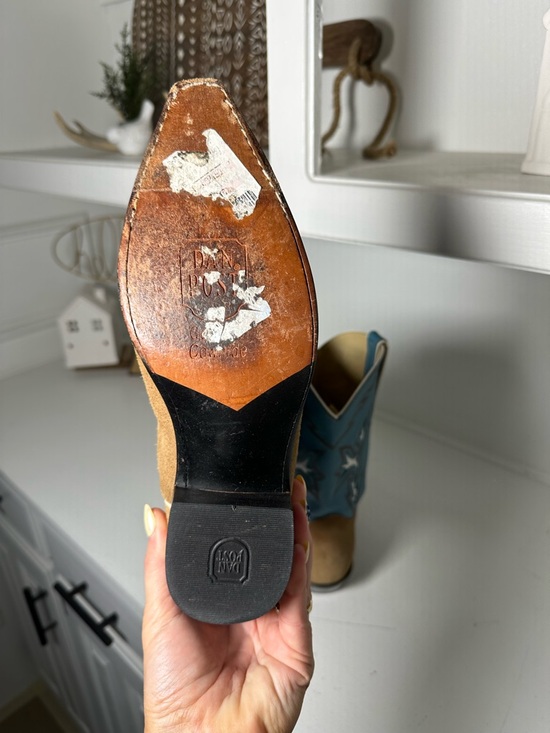 Dan Post Cowgirl Boots Womens 8.5M Genuine Cowhide Tan Blue Western Suede - Picture 8 of 9